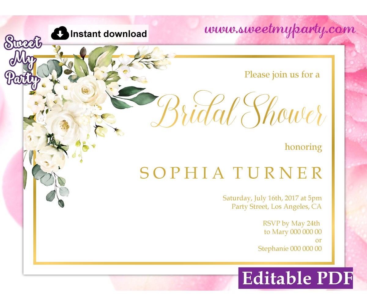 Ivory roses Bridal Shower invitation template, (123)